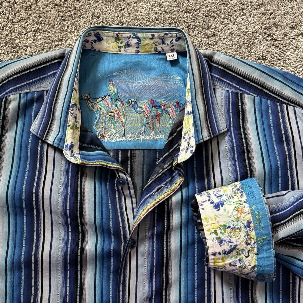 ROBERT GRAHAM Camels Blue Multi Striped Flip Cuff Shirt Men’s Size 2XL